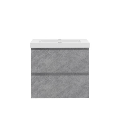 Meuble-lavabo mural en lin de 61 cm (24 po) avec lavabo intégré en résine, fini pierre grise et tiroirs à fermeture amortie