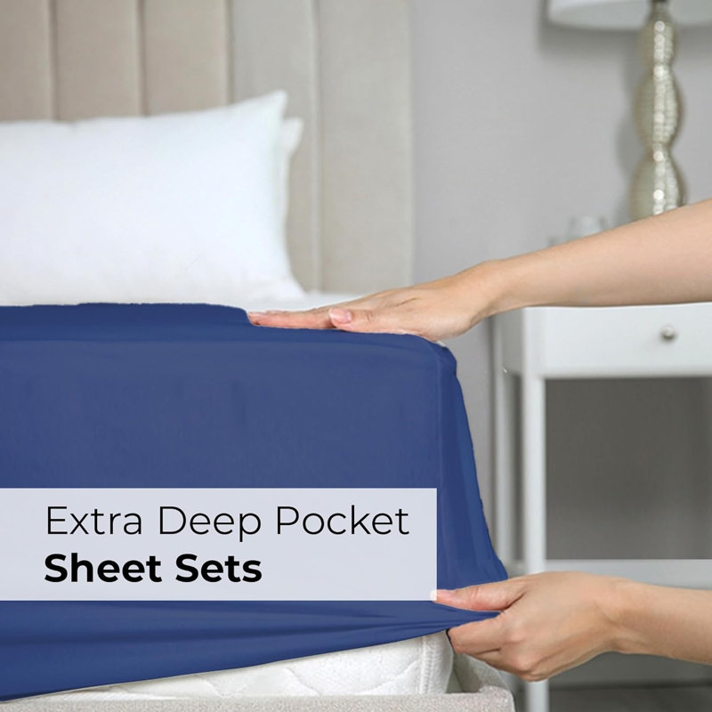 Extra Deep Pocket Sheet Set, Cooling & Breathable Bed Sheets, Soft Hotel Luxury Bedding, Fits 18–24 Inch Mattress, Navy Blue