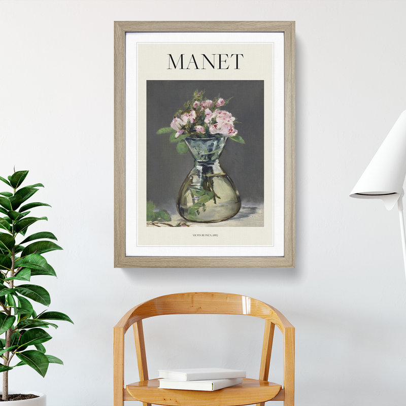 Moss Roses in a Vase by Edouard Manet - Picture Frame Painting, 48cm H x 36cm W x 2cm D, Oak