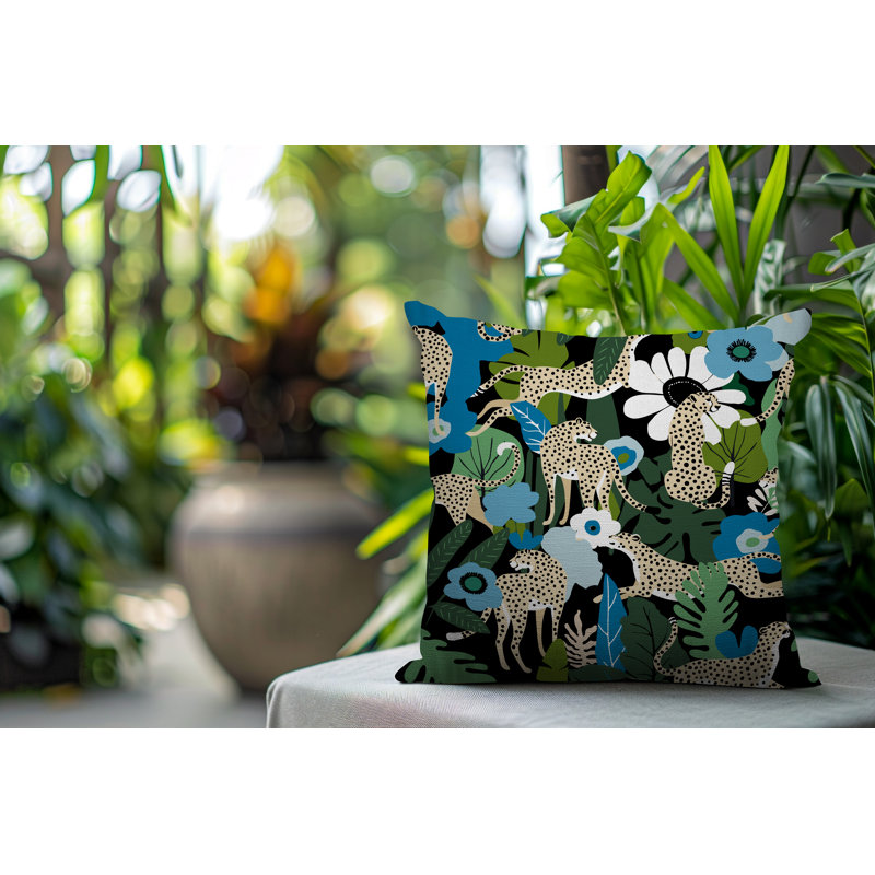 Oreiller carré réversible intérieur / extérieur Nogi Leopard, Carré 16 po, Turquoise