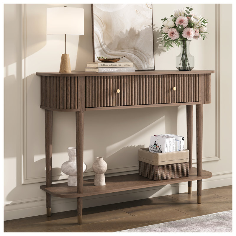 43" Entryway Table With Drawers, Fluted Console Table With Storage Shelf, Narrow Sofa Table For Living Room, Hallway, Foyer, Walnut