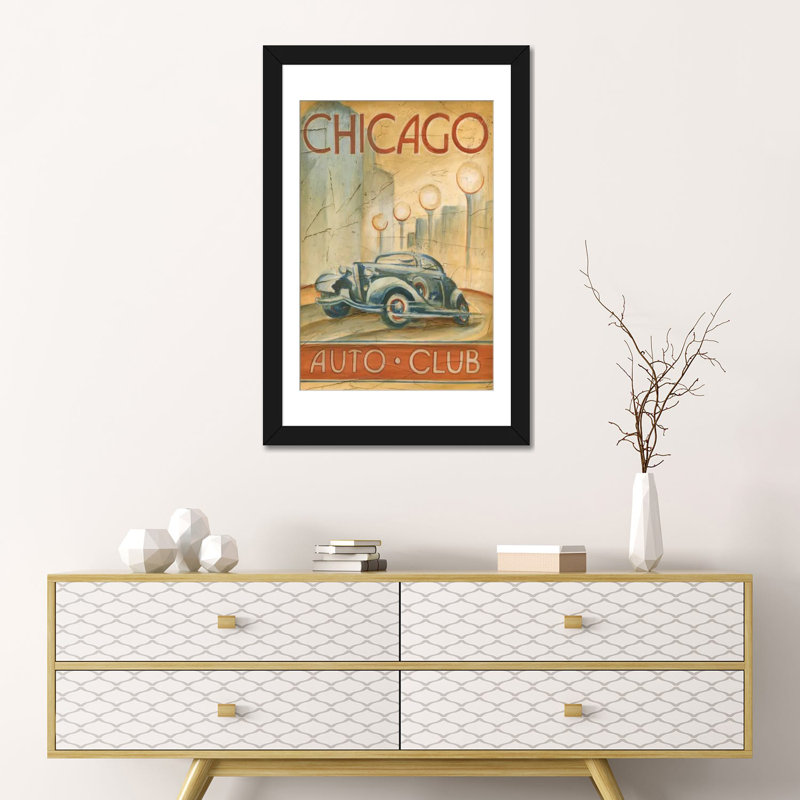 «Chicago Auto Club», affiche vintage sur toile, H 24 po x l 16 po x P 1 po, Papier beaux-arts encadré noir, Blanc