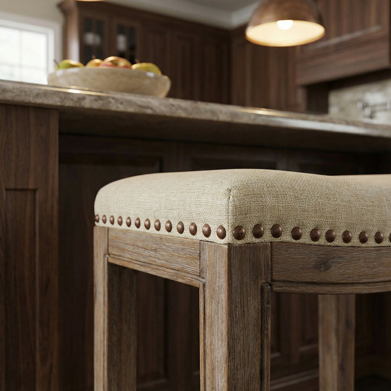 Adalwen Upholstered Linen Counter Stool with Solid Wood Frame