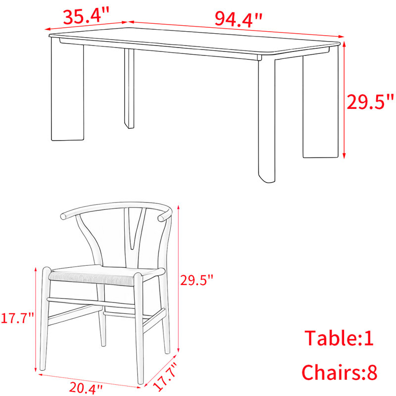 Nordic style simple solid wood dining table set, 29.5"H x 94.4"L x 35.4"W