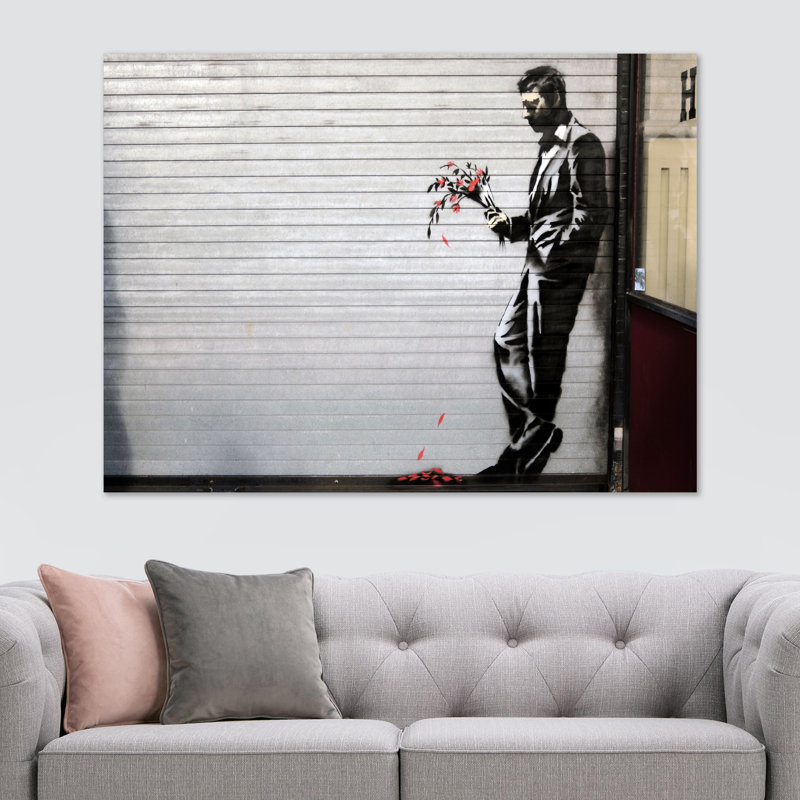Banksy Man With Flowers - Wrapped Canvas Print, 20.5cm H x 31cm W x 4cm D
