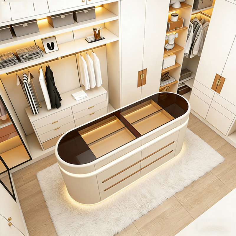 Comptoir en verre trempé transparent de 62,99 po, armoire en bois massif beige, armoire de rangement pour bijoux