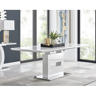 Alezzo Modern High Gloss Extendable Dining Table Set with 8 Modern Design Faux Leather Dining Chairs