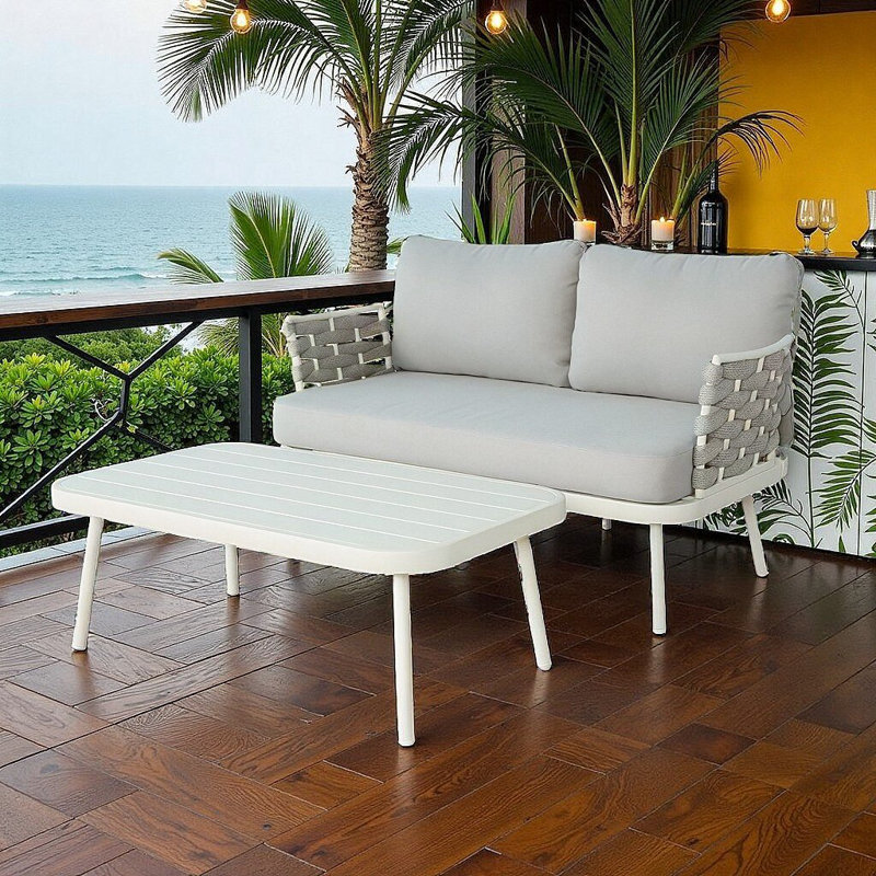 Ensemble de patio 2 personnes Coastal Modern avec corde tissée à la main et coussins moelleux - résistant à la rouille et aux intempéries