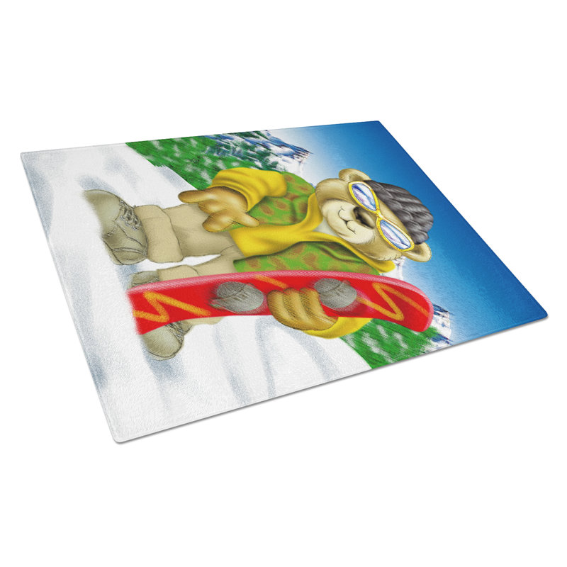 Tempered Glass Teddy Bear Snowboarding Cutting Board