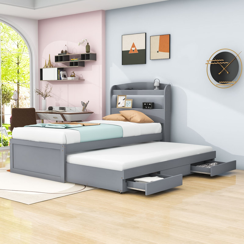 Lit plateforme Beranda avec tablettes de rangement, lit gigogne et 2 tiroirs, gris, Simple TG