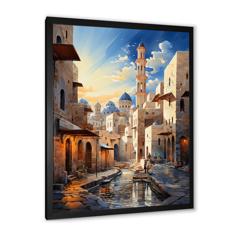 Lyonnie, l'islam, minaret hauteurs sur toile, H 20 po x l 12 po x P 1 po, Cadre photo noir