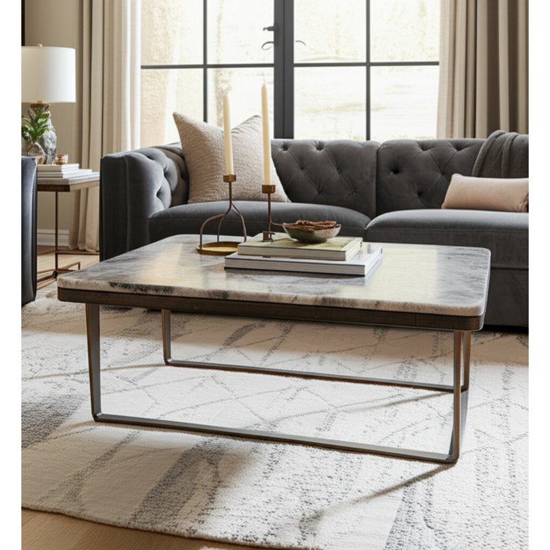 Cadre de table basse en métal et aluminium à motif de pierre moderne pour le salon, la chambre et le bureau - 18 po bronze et multicolore