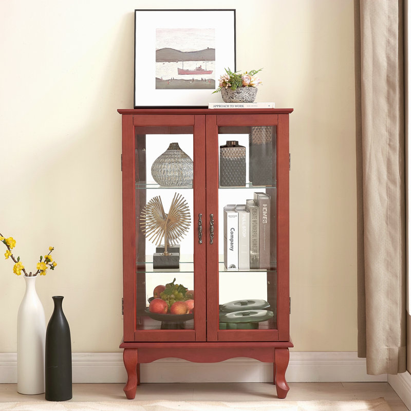 Vitrine 2 portes avec portes en verre trempé, armoires de terrasse avec panneau arrière en miroir et tablettes réglables, vitrine éclairée pour la maison, ampoule de bureau incluse
