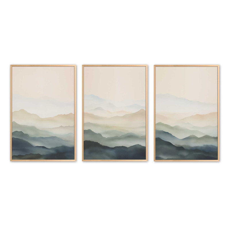 Ensemble de 3 estampes Silent Serenity dans un cadre de citronnelle, 16 po x 12 po, Érable brut, H 25 po x l 57 po