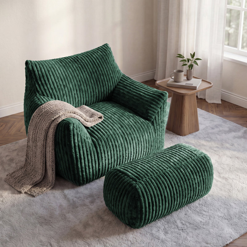 Corduroy Upholstered Accent Chair with Footstool, Green