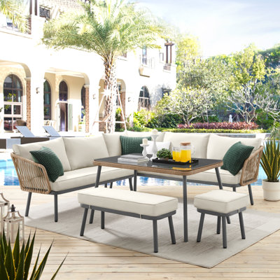 Ensemble de patio complet en rotin 5 pièces avec coussins Akshith