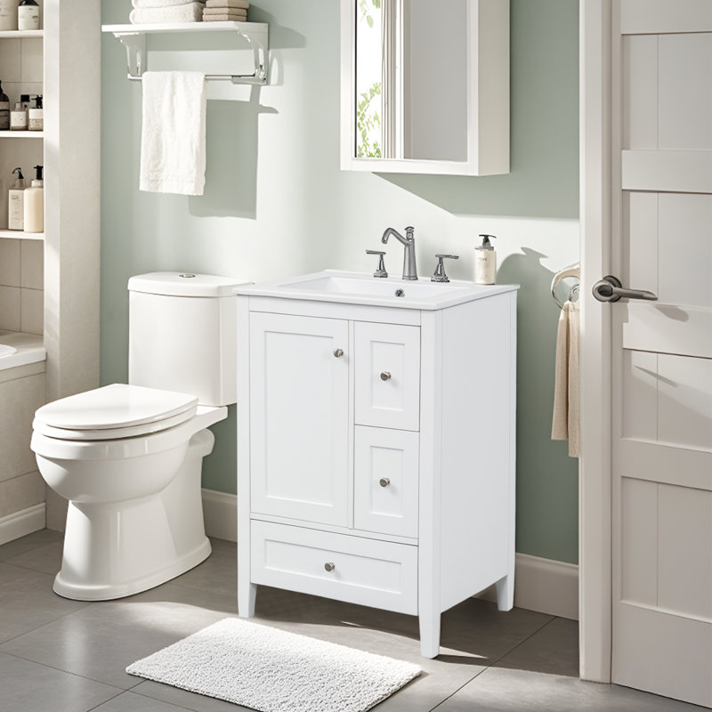 24" Freestanding Bathroom Vanity With Ceramic Sink, White