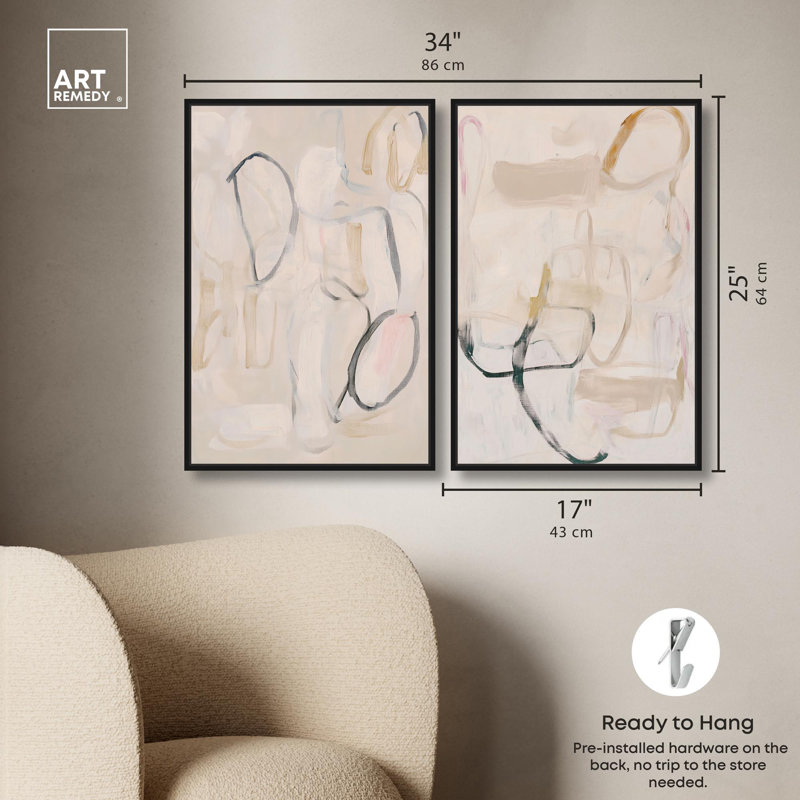 «Neutral Serenity Gold Art», ensemble de 2 impressions sur toile par , H 25 po x l 17 po, Noir