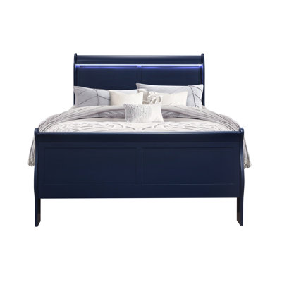 Lit double en bleu avec tête de lit à DEL, apparence, tête de panneau, fait de bois massif et profondeur de 57,66 po, largeur de 84,02 po, hauteur de 47,11 po, style transitionnel, style Hévéa large, profond, haut