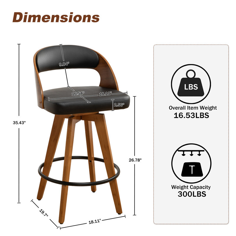 Ensemble de 3 tabourets de comptoir pivotants Deherrera, Counter Stool (26.78” Seat Height), Similicuir noir