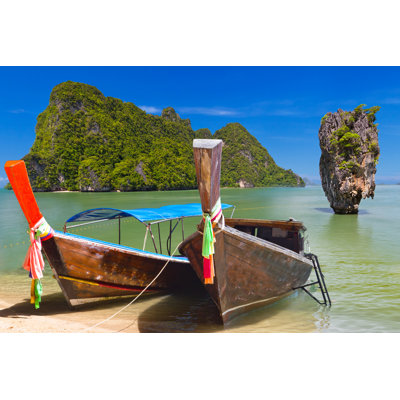 Wooden Boats At Shore In Thailand With Blue Sky On Sunny Day - Wrapped Canvas Print