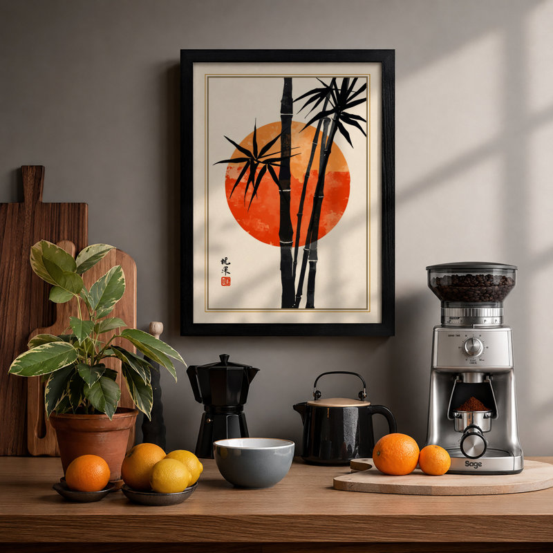 Bamboo Under Moon Japandi - Framed Print, A4 - 29.7 x 21.0 cm, Black