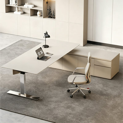 Bureau minimaliste moderne blanc clair avec un pied en acier laminé à froid et une armoire de rangement verrouillable