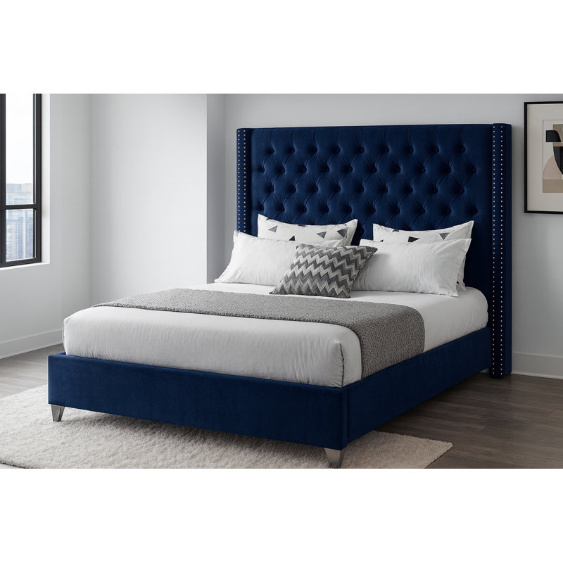 Joclynn Upholstered Wingback Bed, Full, Grey Velvet, Chrome