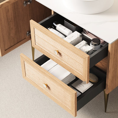 Armoire de salle de bain moderne autoportante de 36 po avec comptoir en pierre frittée blanche, chêne, deux tiroirs, une porte, sans lavabo, contreplaqué épais de 0,7 po pour une apparence soignée