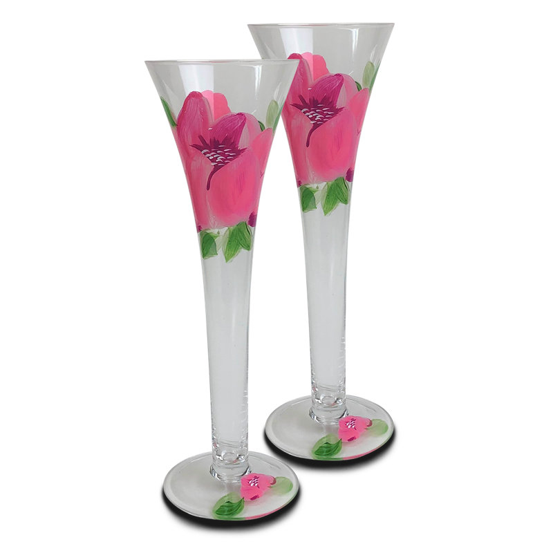 Hand Painted Pink Peony Glass Flute Set
