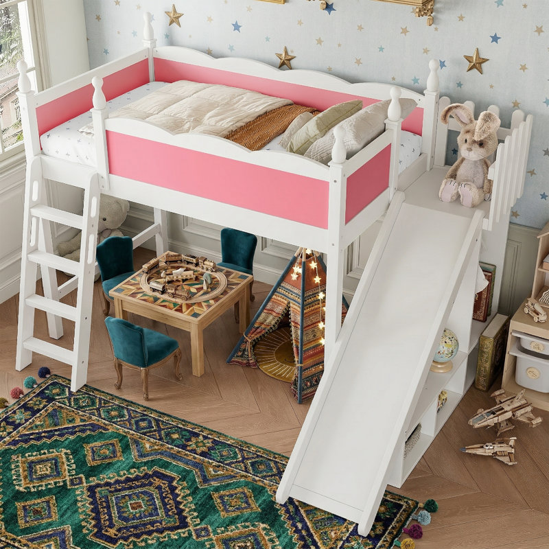 Lit mezzanine en bois pour lit simple 96,77 "avec glissade et garde-robe détachables - Tablettes de rangement et double échelle - Conception en brevet rose et blanc - Structure en bois massif