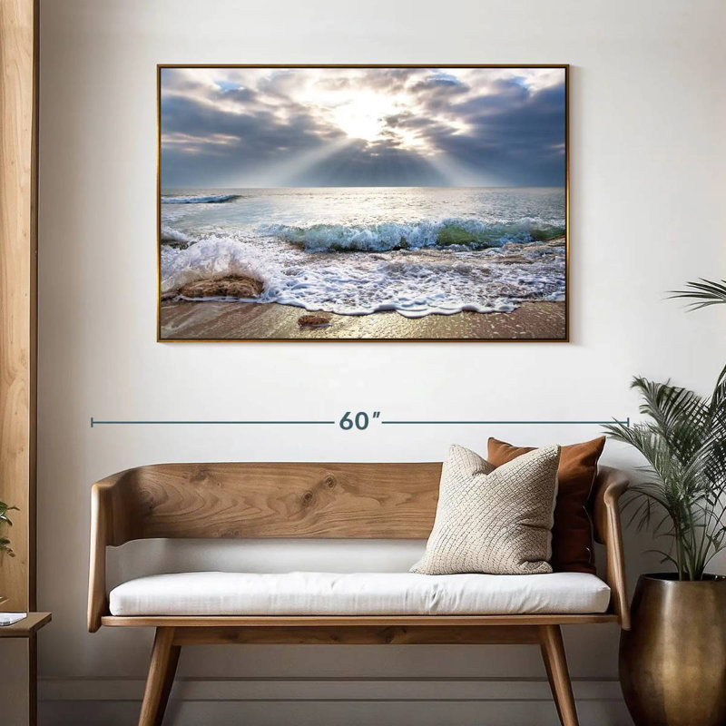 Océan au lever du soleil, 46 po x 31 po, Cadre flottant doré