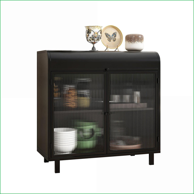 Sideboard Buffet Cabinet, Modern Black Steel Frame with Tempered Glass Doors, Flip Top &amp; Shelves | Steel | Tempered Glass