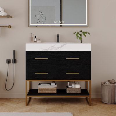 Meuble-lavabo de 36 po en pierre artificielle avec lavabo en céramique, meuble-lavabo moderne avec tiroirs à fermeture en douceur et tablettes ouvertes, meuble-lavabo autoportant avec pieds en acier inoxydable et grand espace