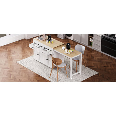 74.5 Inch Kitchen Island With 27" Extendable Table, 44"X19.75" Island, 2 Drawers, Spice Rack And 7 Lockable Wheels, White Dining 4 Door Cabinet, Smooth Rotation Wheels Rack,