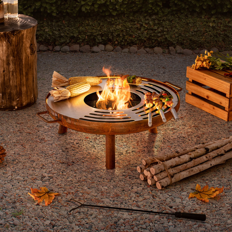 Sunjoy 28 inch Fire Pit, Outdoor Steel Wood Burning Fire Pits, Patio Rusic Firepit with Stainless Steel Baking Sheet and Fire Poker 