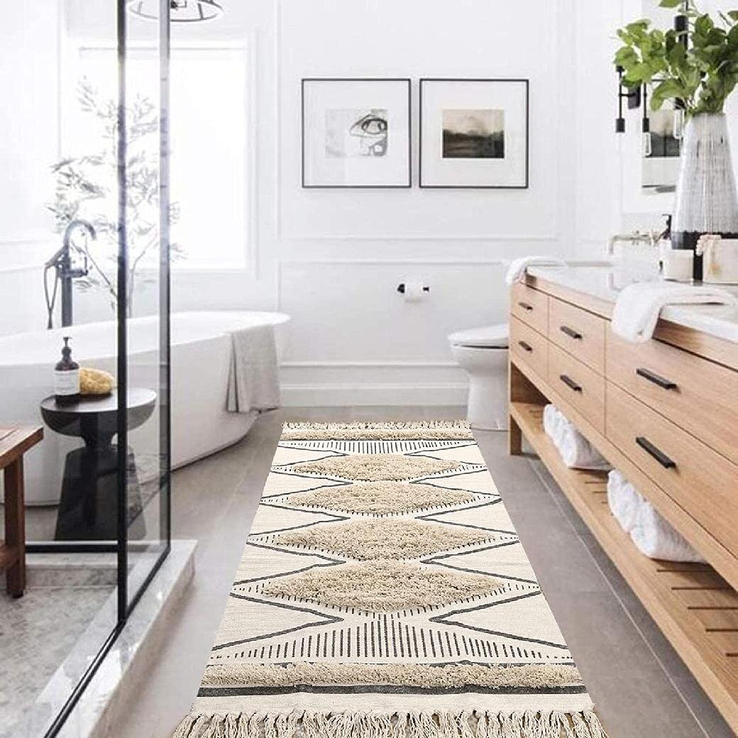 Boho Bathroom Runner Rug 2' x 3', American Style Farmhouse Rug Woven Tufted  with Tassels Throw Area Rug Doormat for Kitchen/Laundry Room/Hallway Entry  Way 