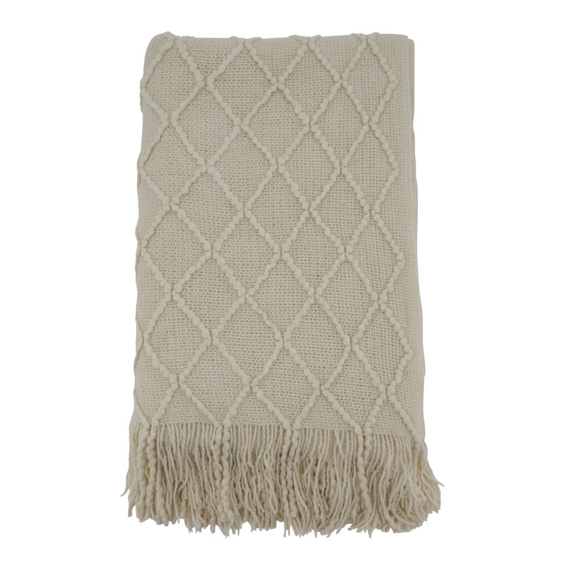 Ivory Cotton Knitted 50"x60" Reversible Throw with Fringed Edges