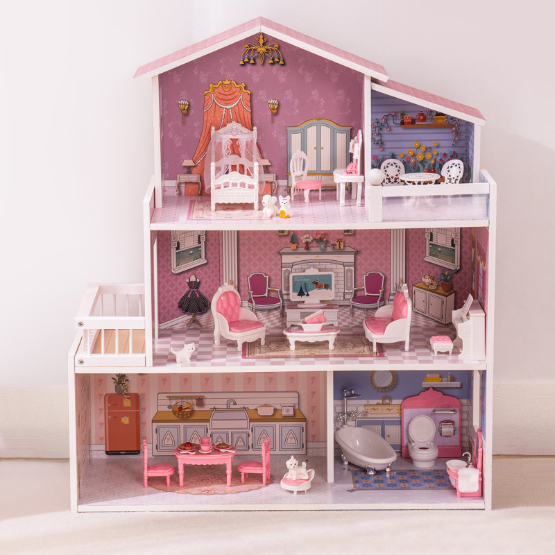 Wooden Dollhouse Playset, 3 Stories, 5 Rooms, 24 PCS Furniture, Pretend Play Toys Gift for Kids Toddlers Girls