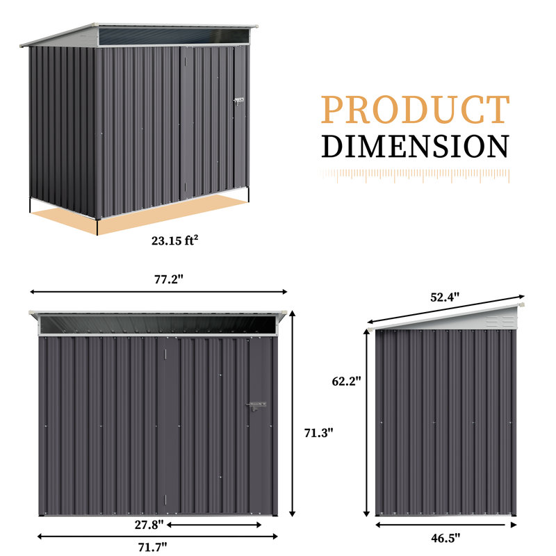 Waterproof Metal Storage Shed - Lockable Door & Side Window for Garden/Patio (Gray), 71.3" H x 77.2" W x 46.5" D