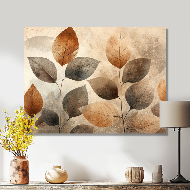 Taupe, feuilles, mosaïque, collage III - feuilles, art mural, H 30 po x l 40 po, Toile tendue, Ne s’applique pas