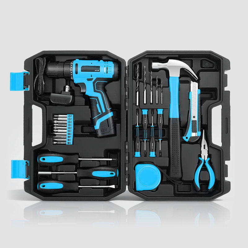 Ensemble de 27 outils de perceuse Lithium-Ion 27 po avec couple de 20 Nm et boîtier en ABS, Bleu