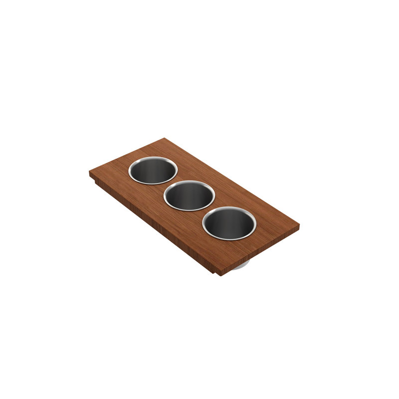 Wood Board With 3 Round Stainless Steel Bowls F/1616, 1618, 1633 (Inner Ledge), 16"L x 7.88"W