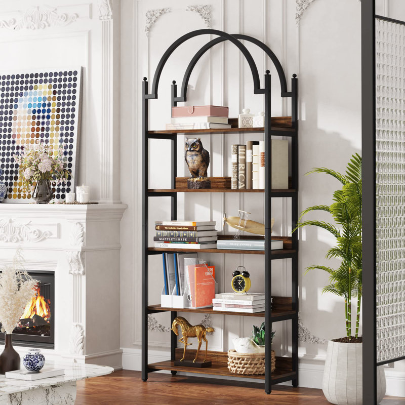 5-Shelf Arched Bookcase, Industrial Metal Etagere Open Bookshelf, Rustic Wood Shelf With Black Metal Frame(1, Brown+Black)