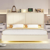 Multi-function Floating Bed Frame, Modern Upholstered Platform Bed with USB ports, Storage Headboard and Touch Sensor Night Light