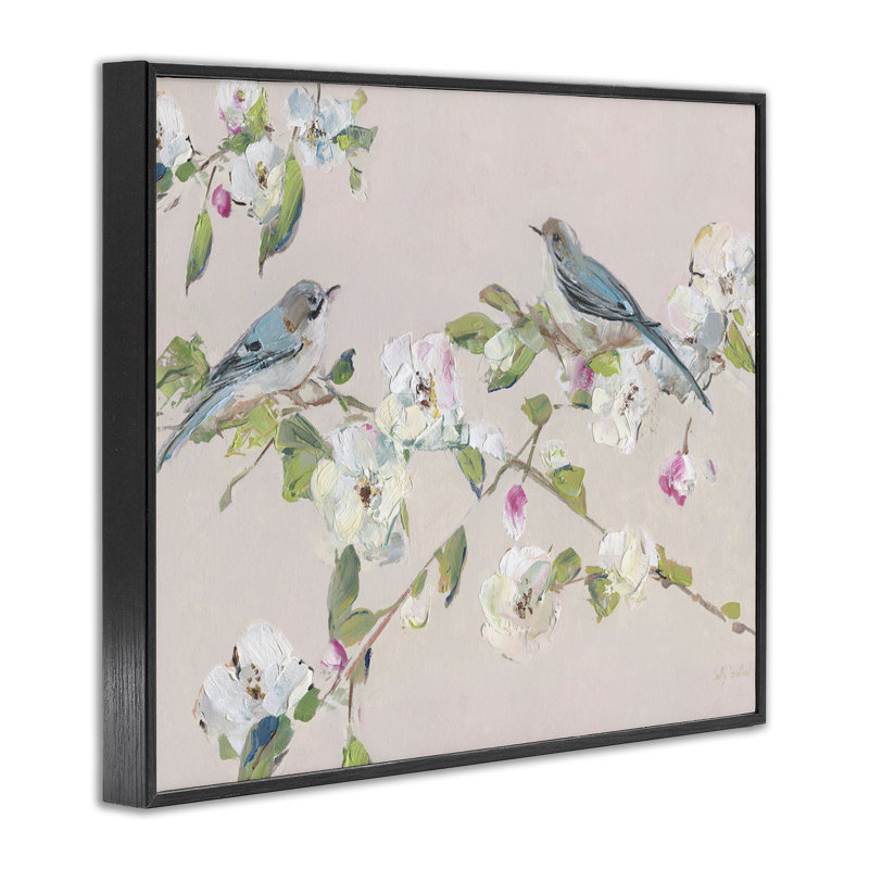 Fleurs printanières, art de Giclée et oiseaux, design par Sally Swatland, H 11 po x l 14 po, Giclée encadrée noir minuit