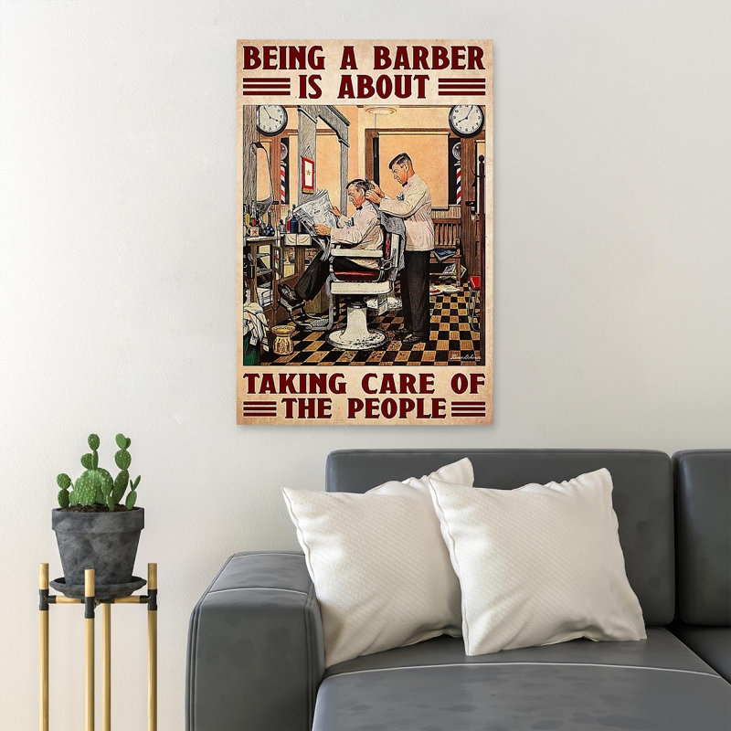 «Barber and His client - Being A Barber Is About», reproduction d'art graphique sur toile tendue 1 pièce
