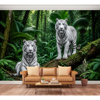 Wall Mural Peel and Stick Wallpaper Two white Bengal tigers jungle Self-Adhesive Removable Contact Paper Wall Decor for Living Room Bedroom 100"H x 144"W