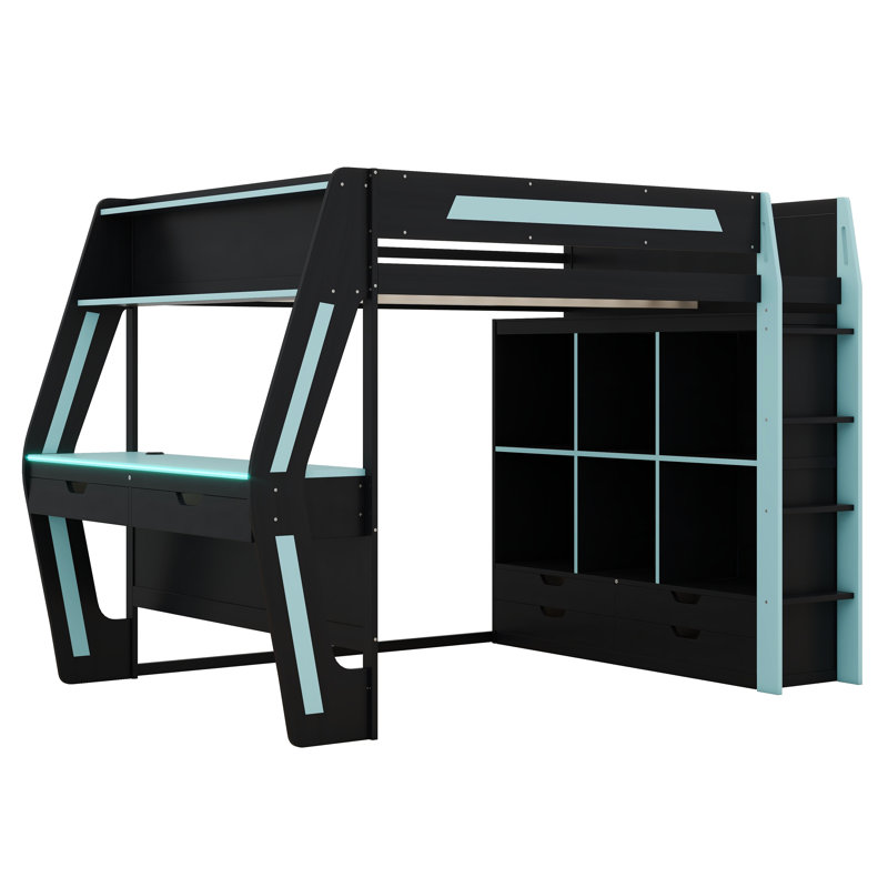 Lit mezzanine avec bureau, lumières DEL et stations de charge USB, lit mezzanine en bois avec 6 casiers de rangement, 6 tiroirs