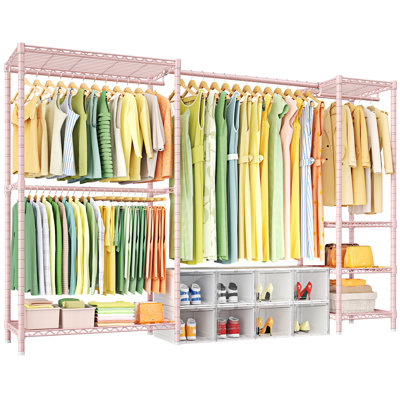 E10 73" -97"W Expandable Clothes Rack, Heavy Duty Racks For Hanging Clothes, Garment Racks With Adjustable Shelves, Freestanding Clothing Racks 73-97"W X 15" D X 72" H, Load 800Lbs, Pink